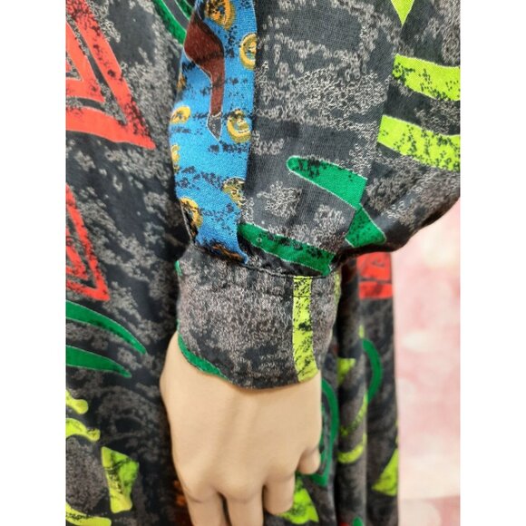 Vintage 80s African Tribal Print Belted Shirt Dress Size S Midi With Pockets - Picture 9 of 12